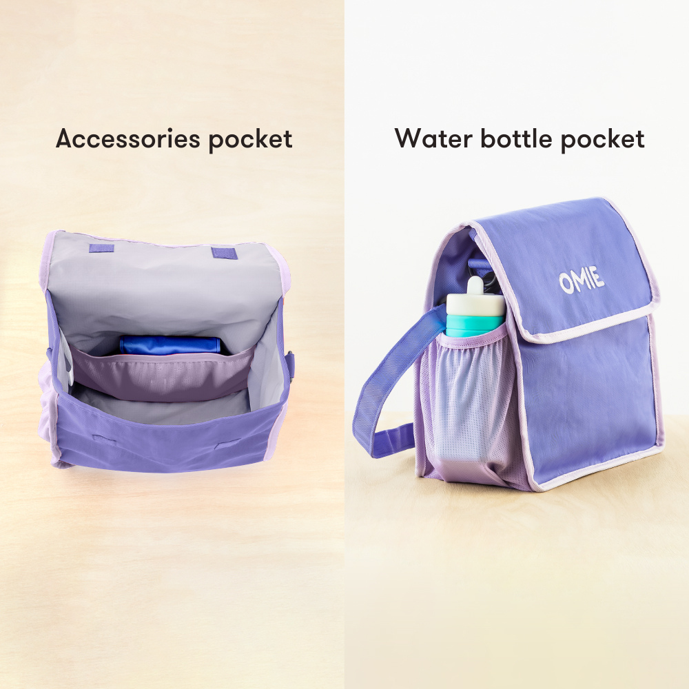 Purple backpack with labeled accessory and water bottle pockets on a beige background