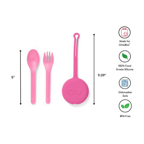Pink silicone utensil set with measurements and features on a white background
