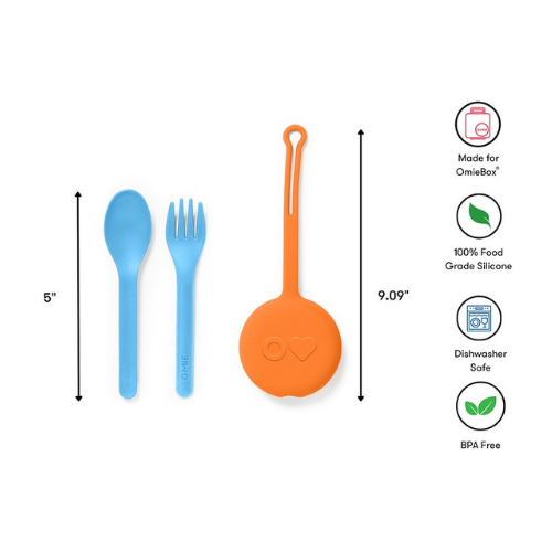 Blue spoon and fork set with an orange lid on a white background, featuring product details.