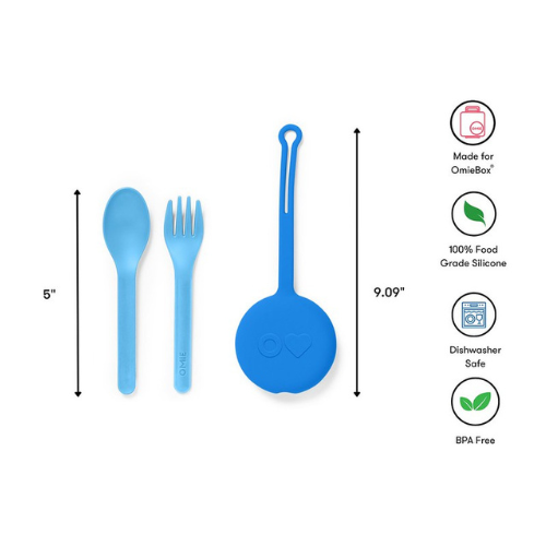 Blue silicone utensils set with measurements and features on a white background