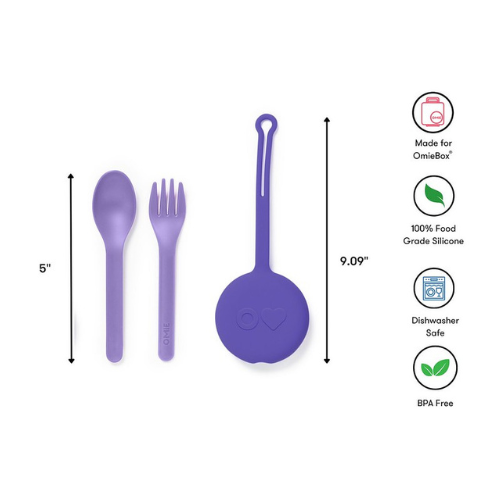 Purple silicone utensil set with measurements and features on a white background