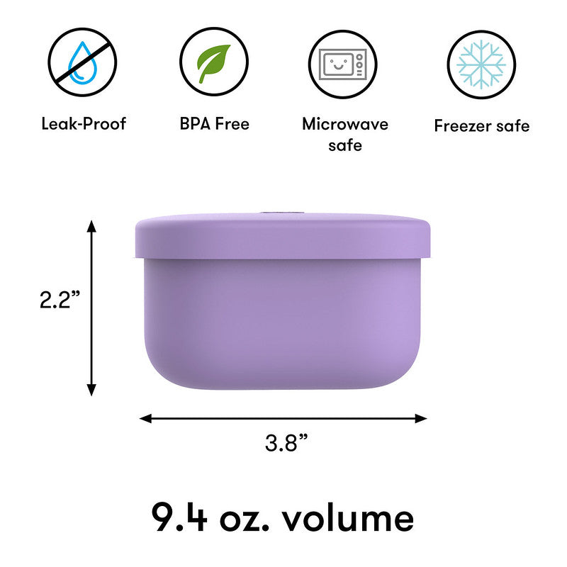 Purple container with safety features and dimensions on a white background