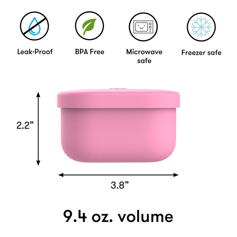 Pink container with safety features and dimensions on a white background
