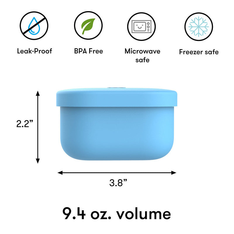 Blue container with safety features and dimensions on a white background