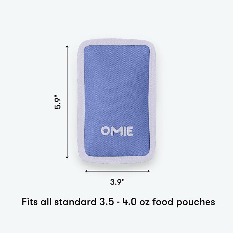 Blue food pouch with dimensions and 'OMIE' branding on a white background