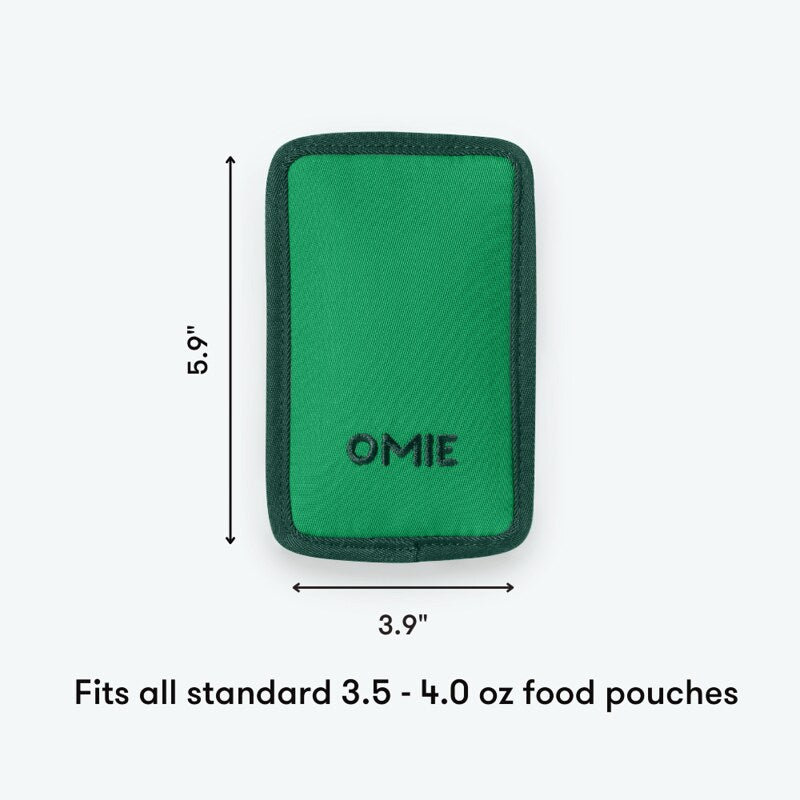 Green pouch with 'OMIE' branding and dimensions on a white background