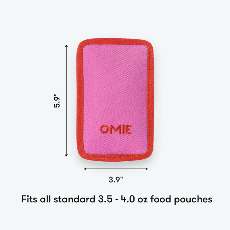 Pink pouch with red border and 'OMIE' branding, showing dimensions on a white background.
