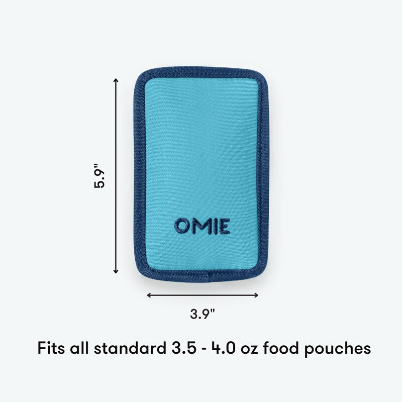Blue pouch with dimensions and 'OMIE' branding on a white background
