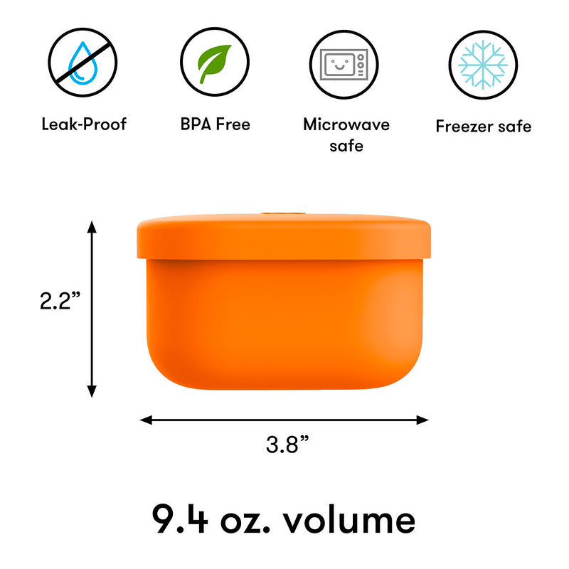 Orange container with safety features and dimensions on a white background