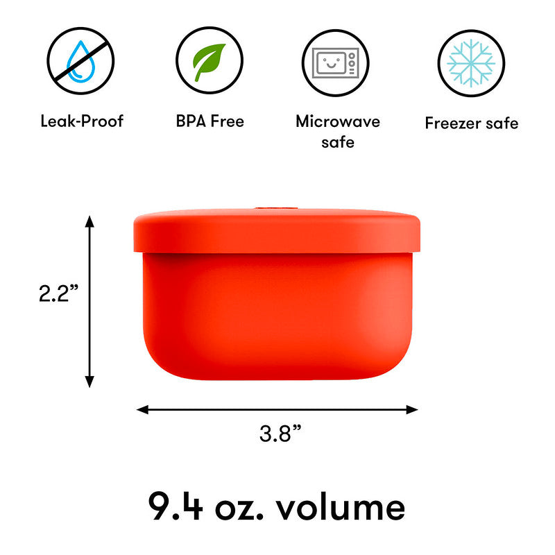 Red container with safety features and dimensions on a white background