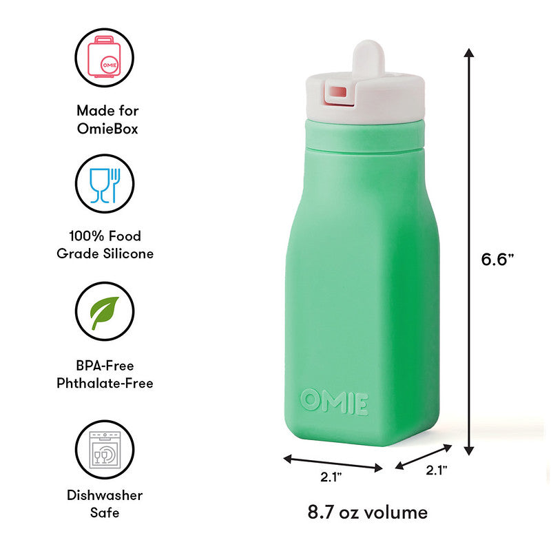 Green water bottle with features and dimensions on a white background