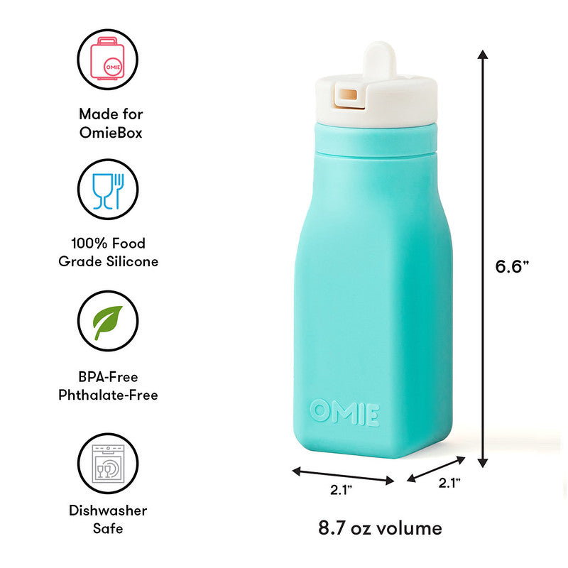Teal water bottle with measurements and features on a white background