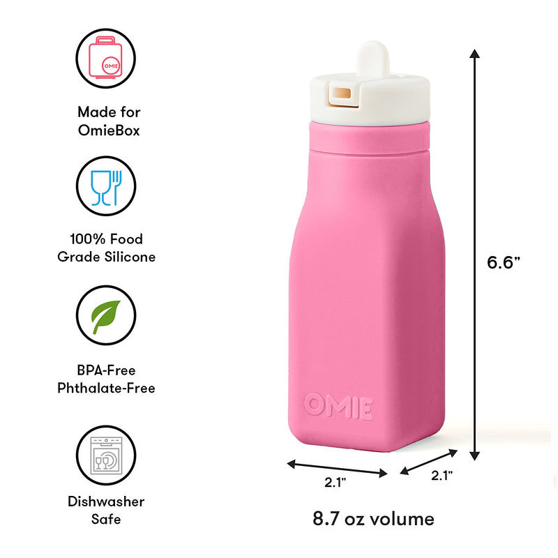 Pink silicone bottle with measurements and features on a white background