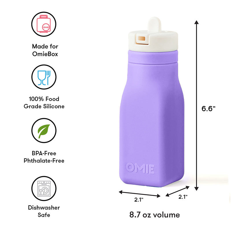 Purple silicone water bottle with white cap on a white background, featuring OmieBox branding and product details.