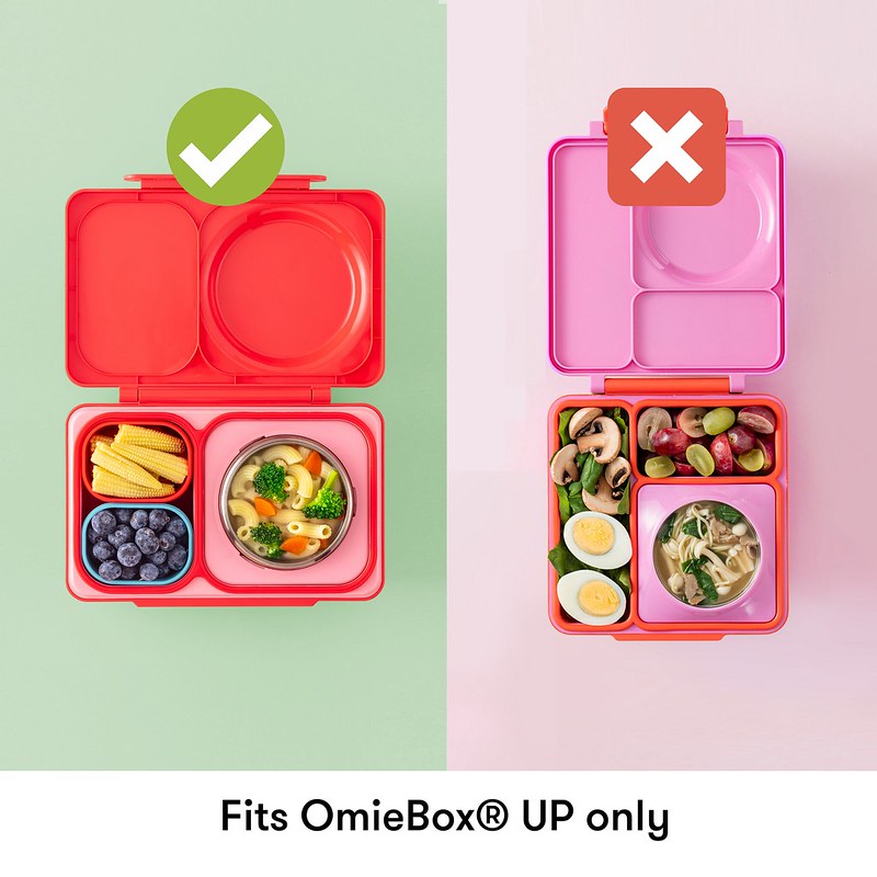 Comparison of a red bento box with food compartments on a green background and a pink bento box without compartments on a pink background.