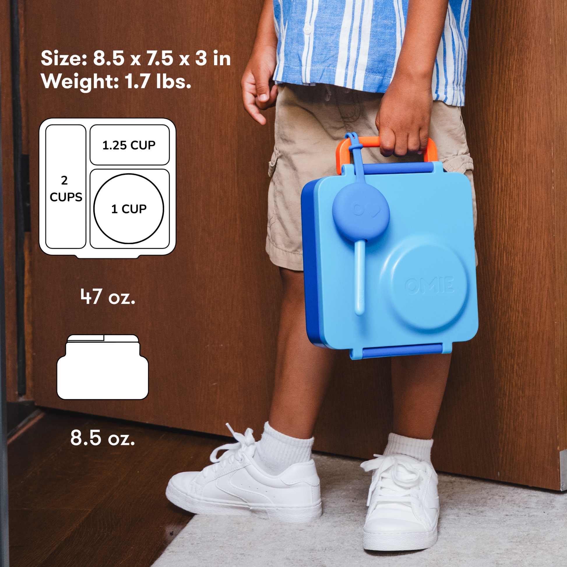 Person holding a blue lunch box with dimensions and weight details.