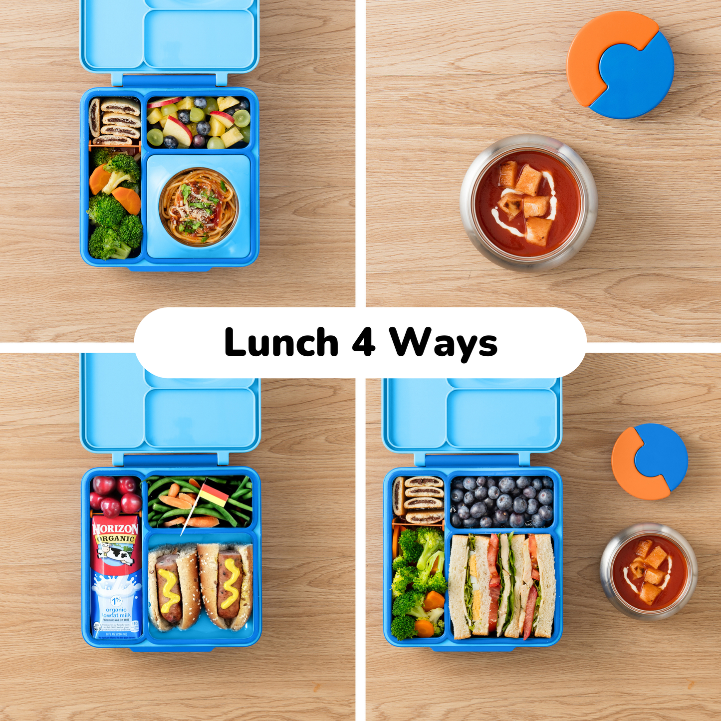 Blue lunch box with various food compartments on a wooden surface.