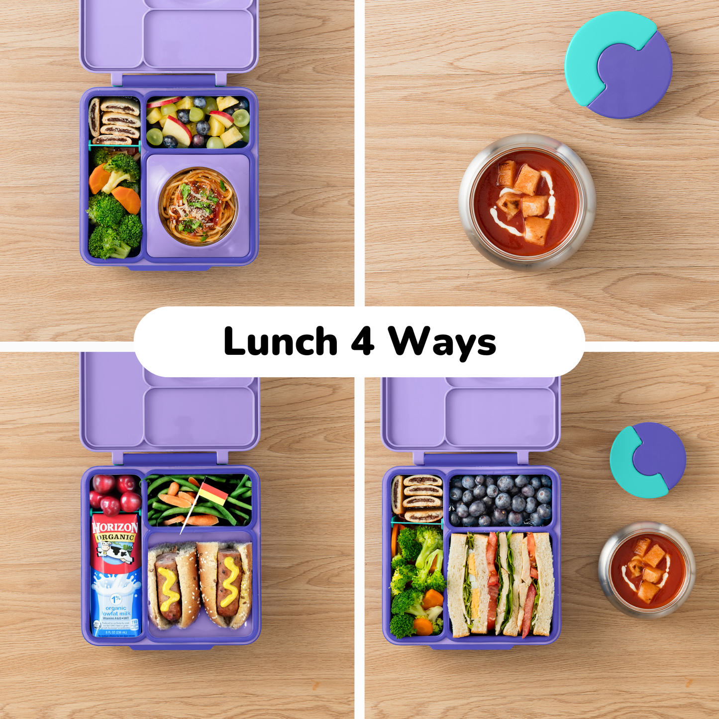 Lunch container with various food compartments on a wooden surface.