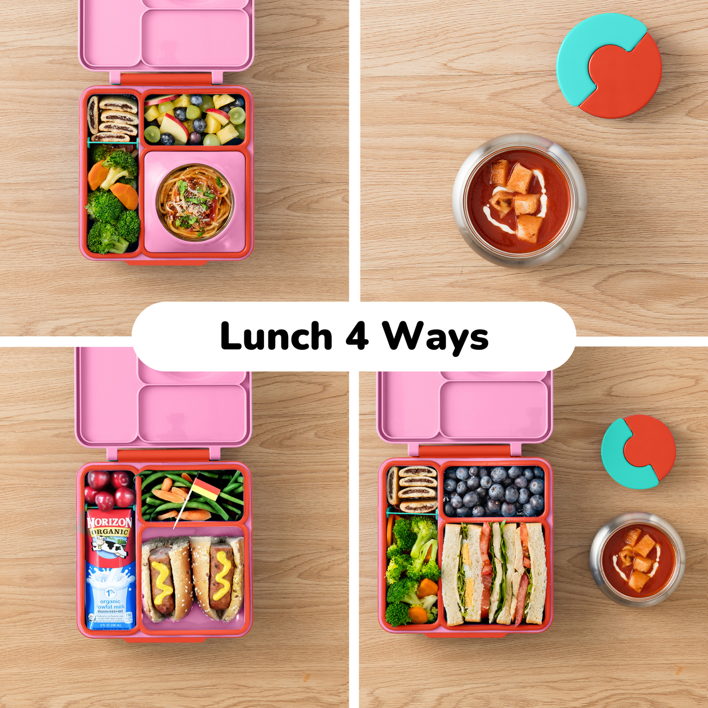 Collage of lunch box with four different meal preparations on a wooden surface.
