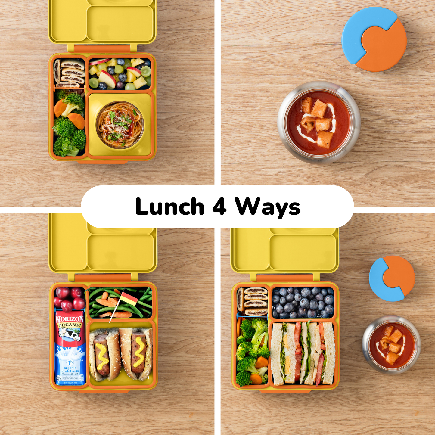 Yellow lunch box with various food compartments on a wooden surface.