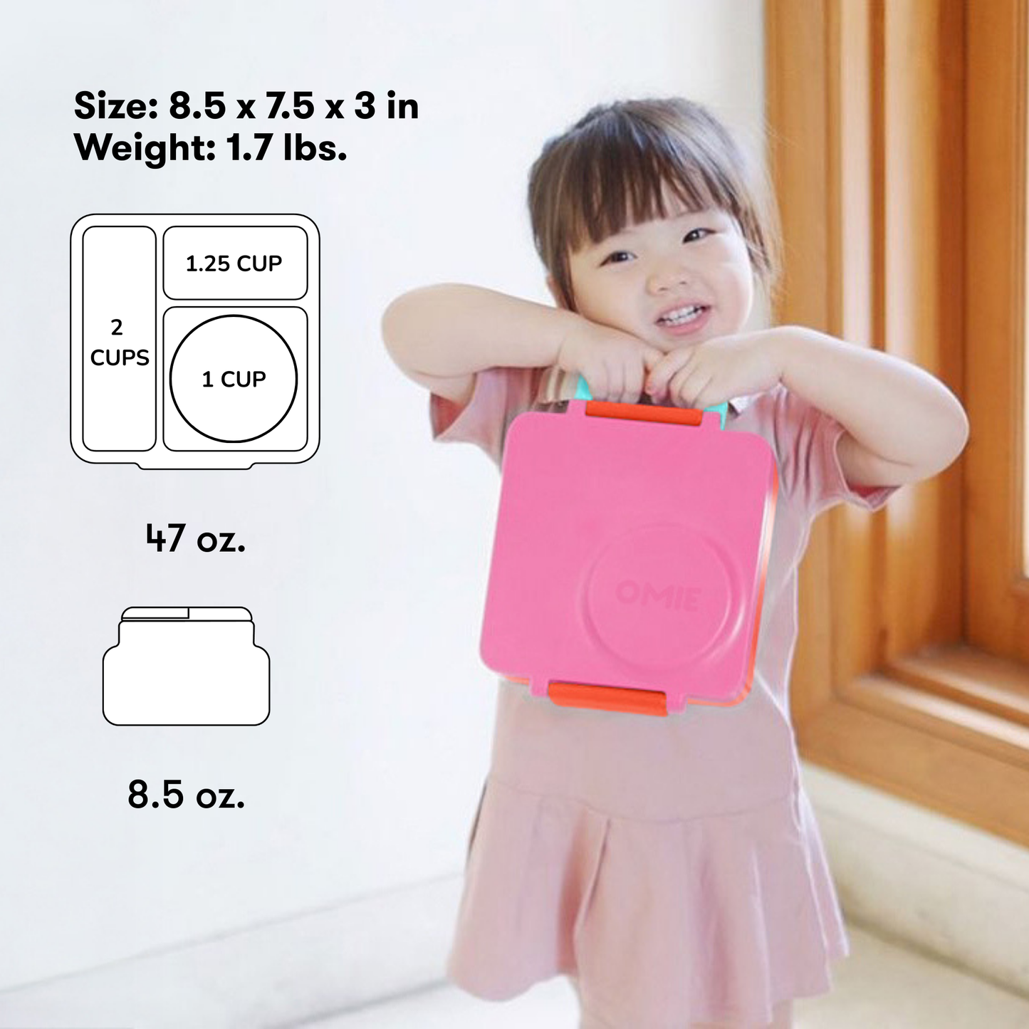 Young girl holding a pink container with measurements and size details on a white background.