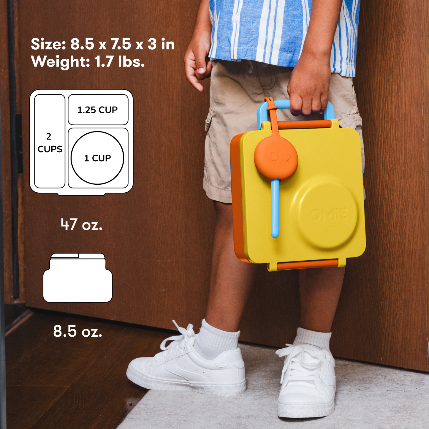 Yellow lunch box with handle and lid held by a child, with size and weight details.