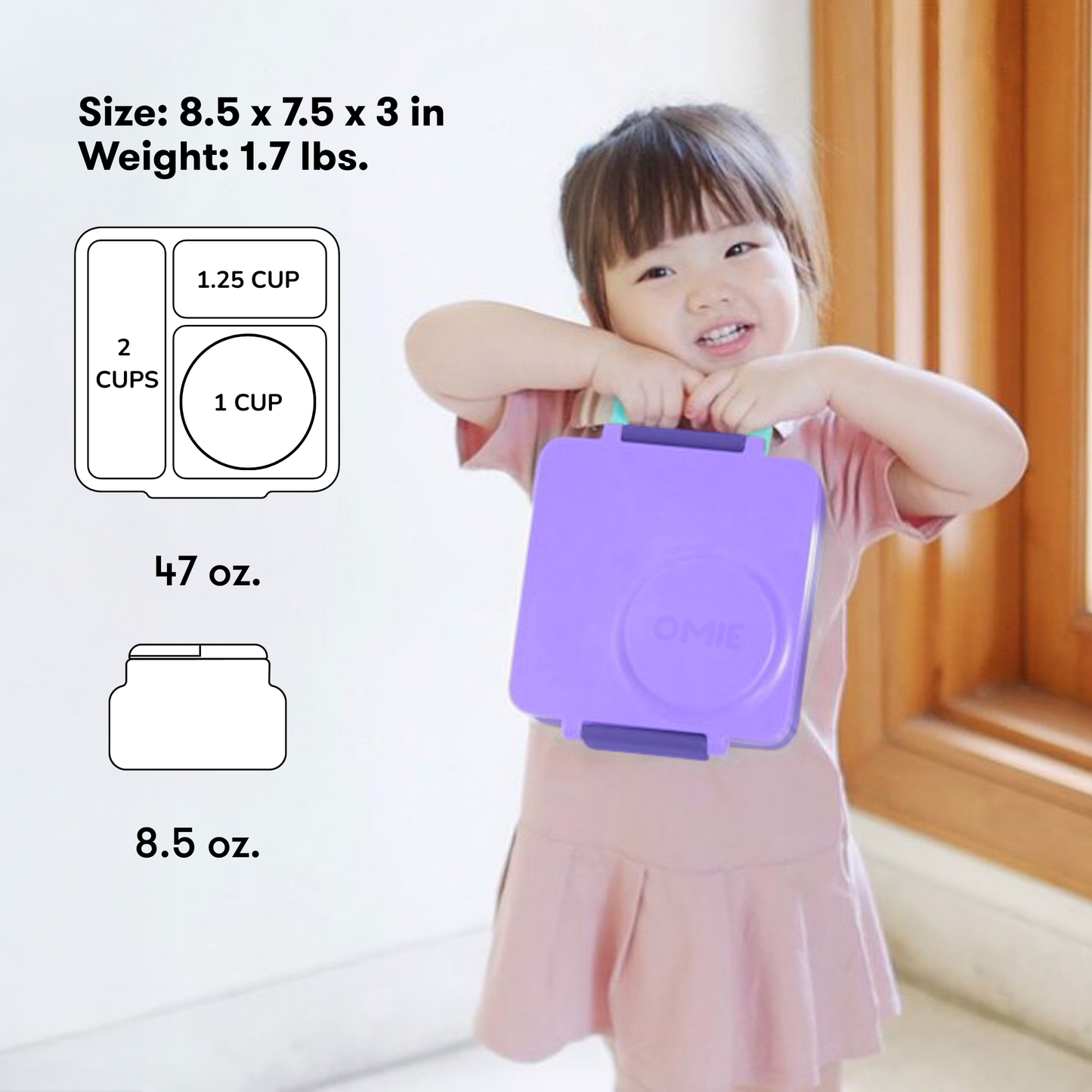 Child holding a purple container with measurements and capacity details.