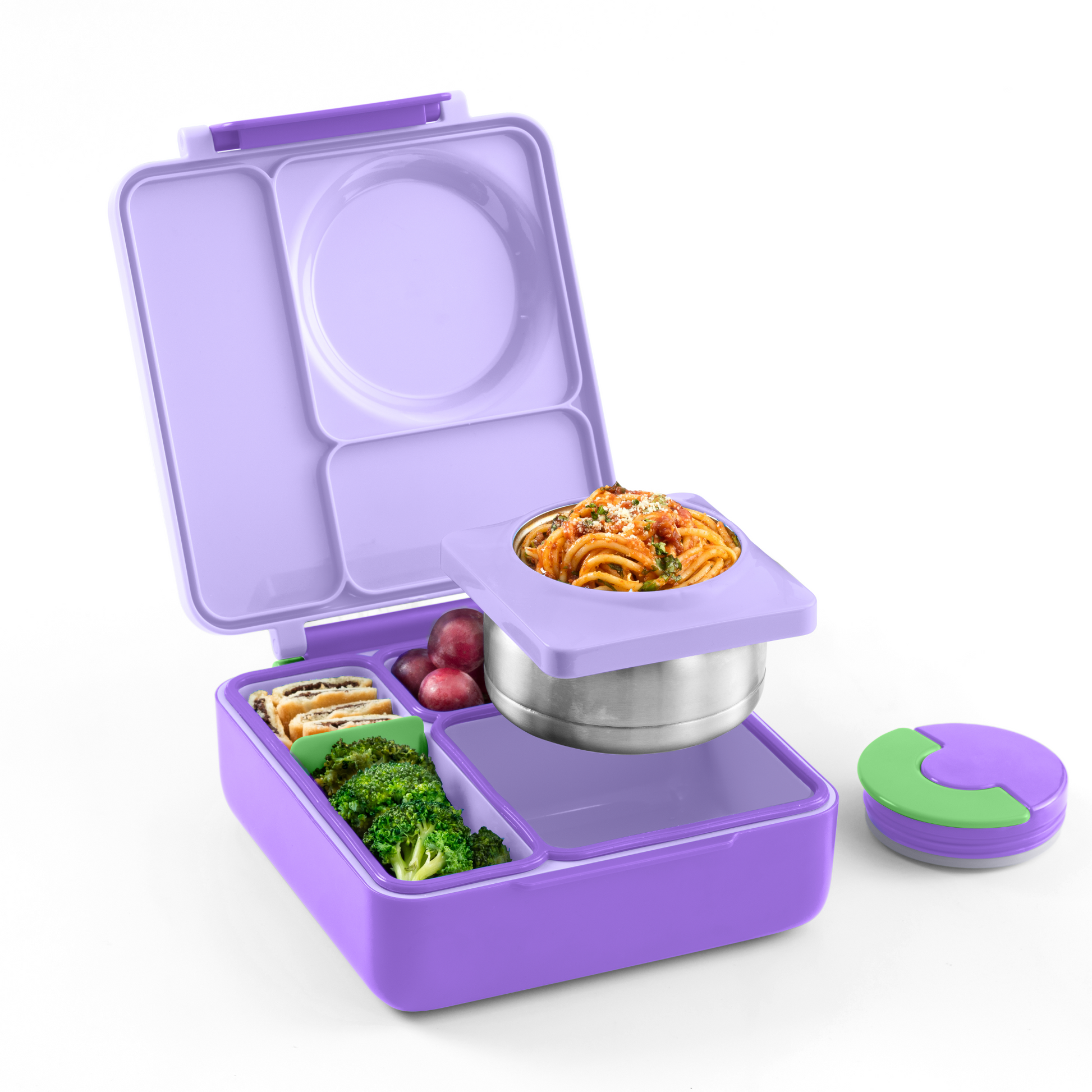 Purple bento box with compartments containing food on a white background