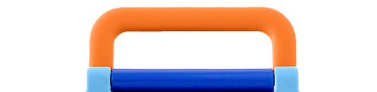 A plastic handle for the OmieBox baby carrier with orange and blue colors.
