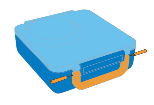 Illustration of a blue lunchbox with a handle, presumably made of plastic.