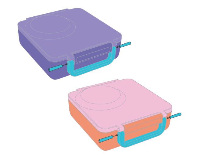 Illustration of a pink and purple lunchbox with a handle, presumably made of plastic.