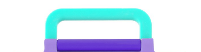 A plastic handle for the OmieBox baby carrier with orange and blue colors.