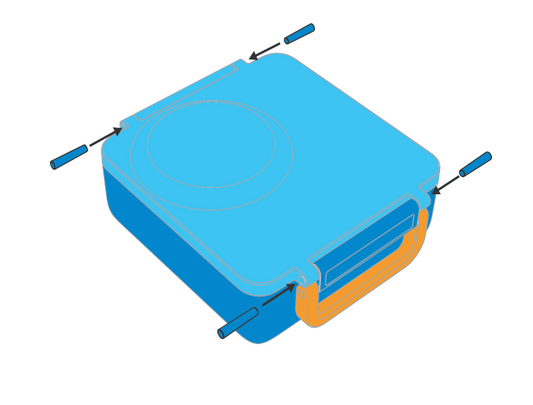 An illustration of a blue square-shaped device with a handle, showing a latch and hinge mechanism.