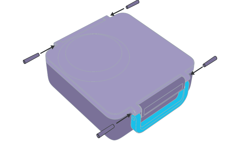 An illustration of a blue square-shaped device with a handle, showing a latch and hinge mechanism.