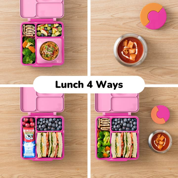 Pink lunch box with compartments filled with different lunch options on a wooden surface.