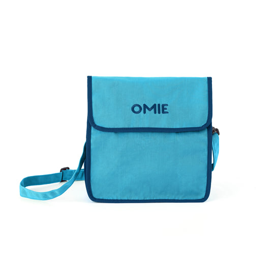 Blue bag with 'OMIE' branding on a white background