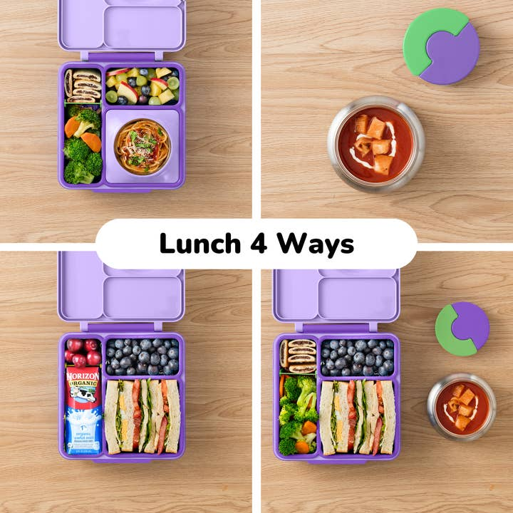 Purple lunch box with different meal combinations on a wooden surface