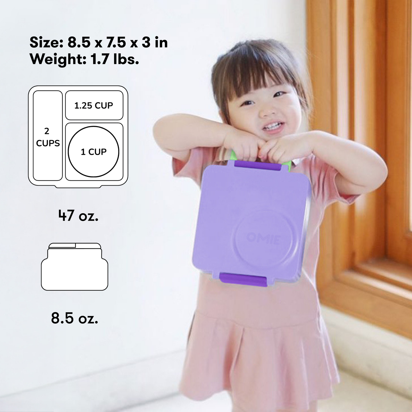 Child holding a purple container with measurements and weight displayed.