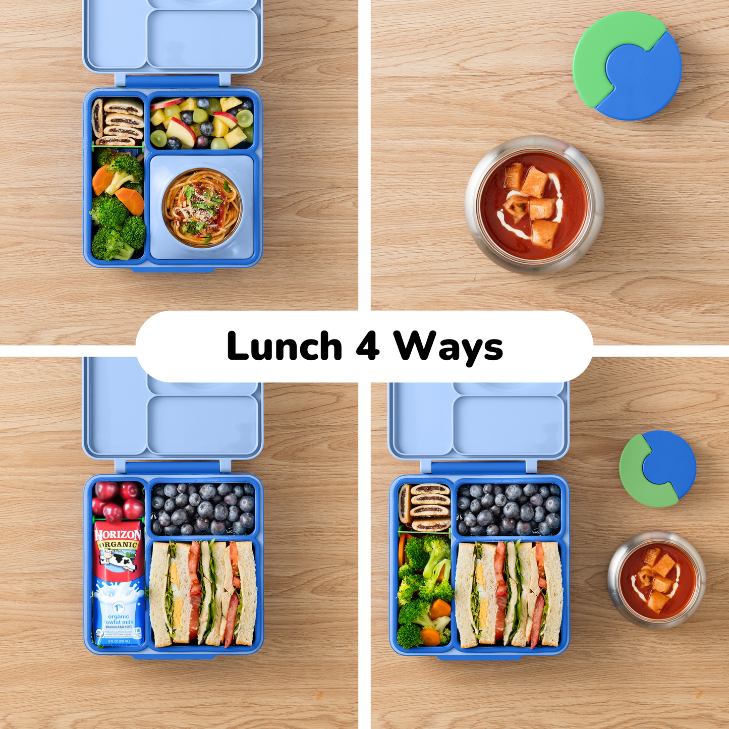 Lunch container with different meal options labeled 'Lunch 4 Ways' on a wooden surface.