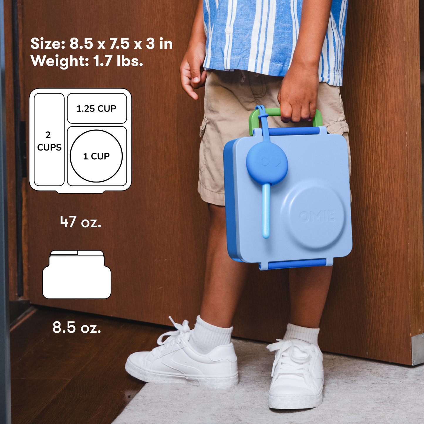 Child holding a blue lunch box with measurements and weight displayed.