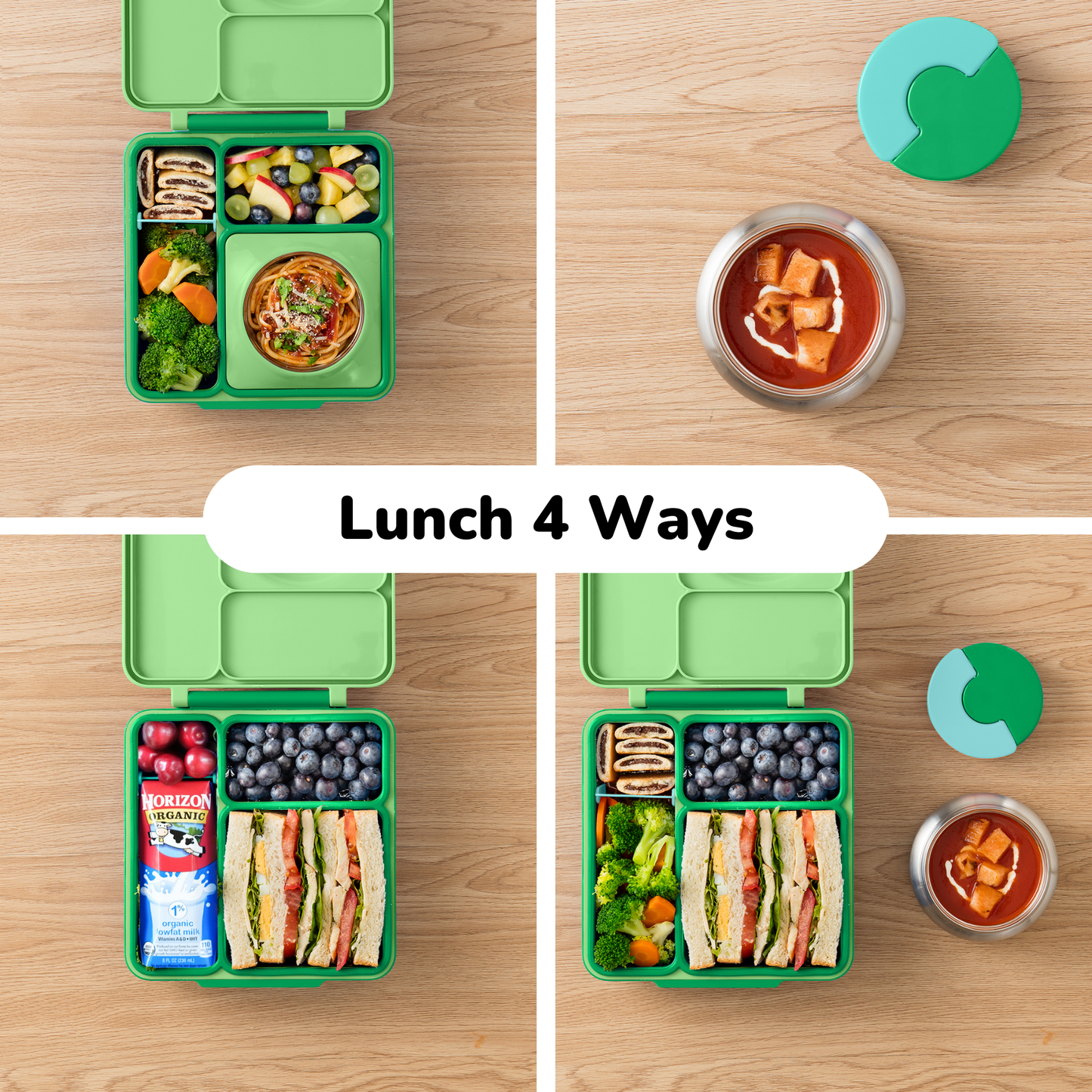 Green bento box with various lunch items on a wooden surface, labeled 'Lunch 4 Ways'.