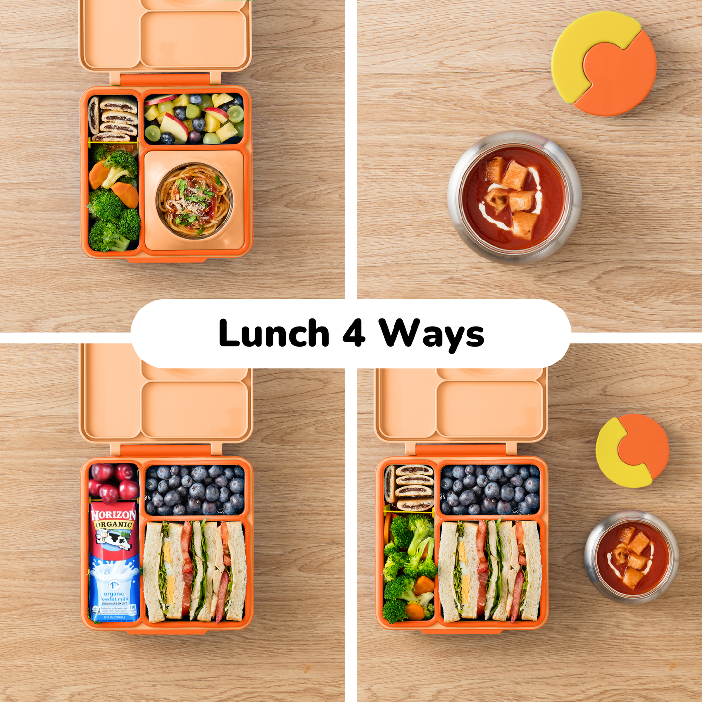 Orange lunch box with different meal options on a wooden surface, labeled 'Lunch 4 Ways'.