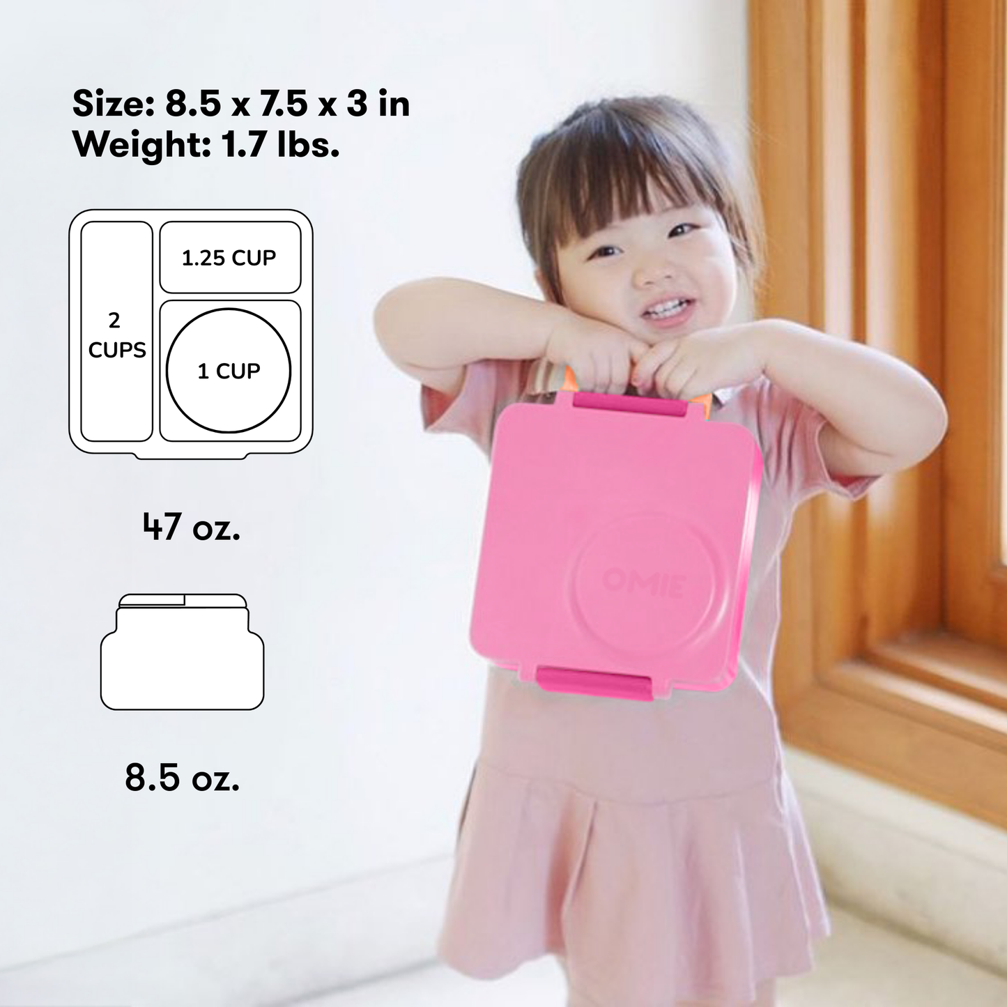 Child holding a pink container with measurements and weight displayed on the left.
