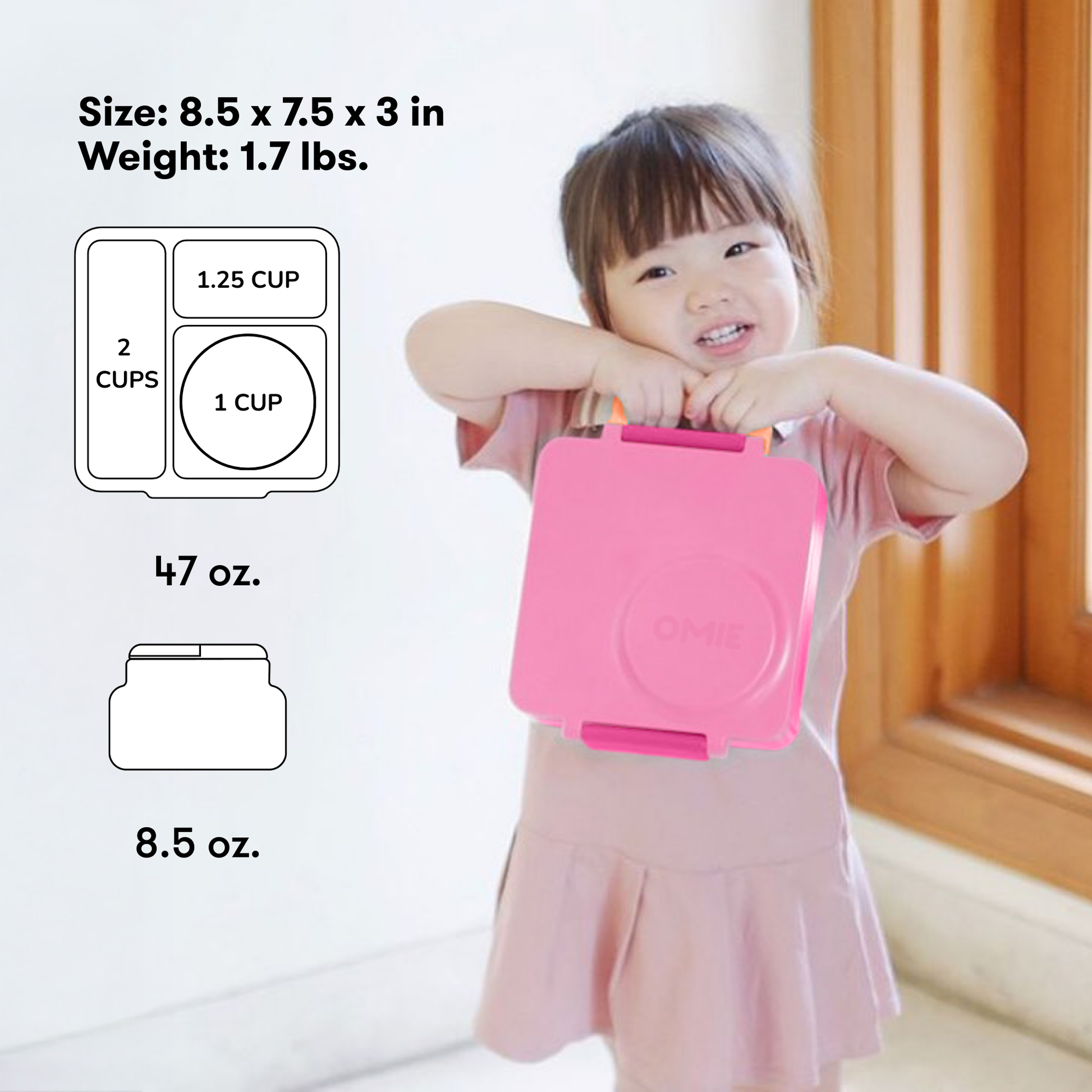 Child holding a pink container with measurements and weight displayed on the left.
