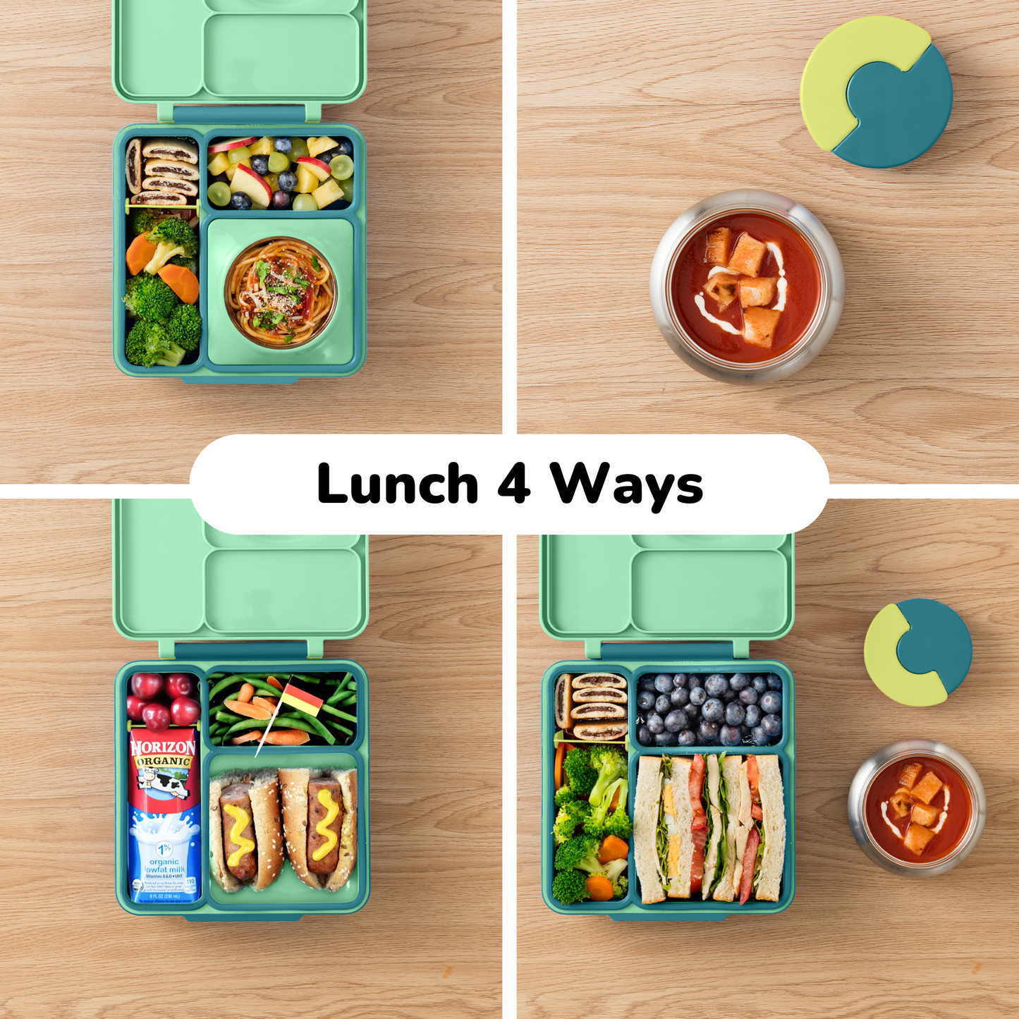 Four lunchbox options with different meals on a wooden surface, labeled 'Lunch 4 Ways'.