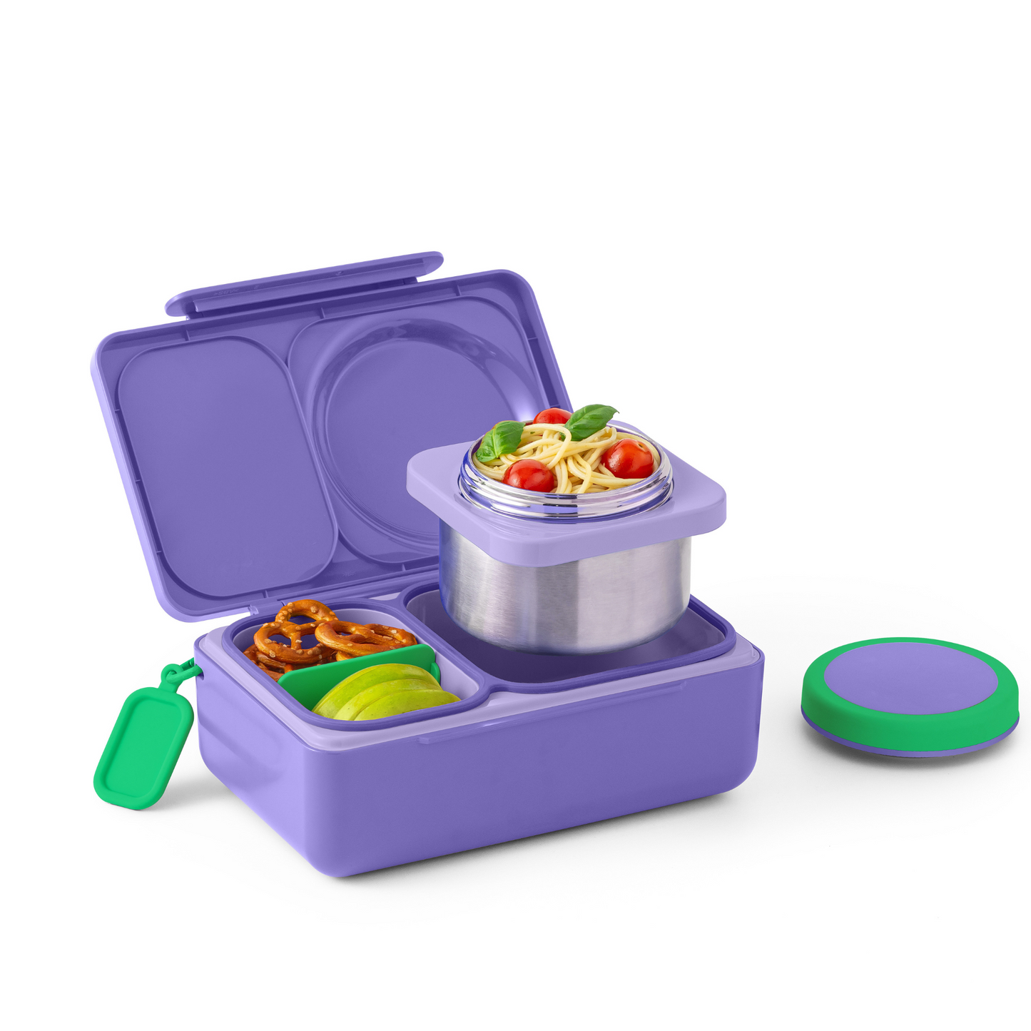 Purple bento box with compartments containing food on a white background