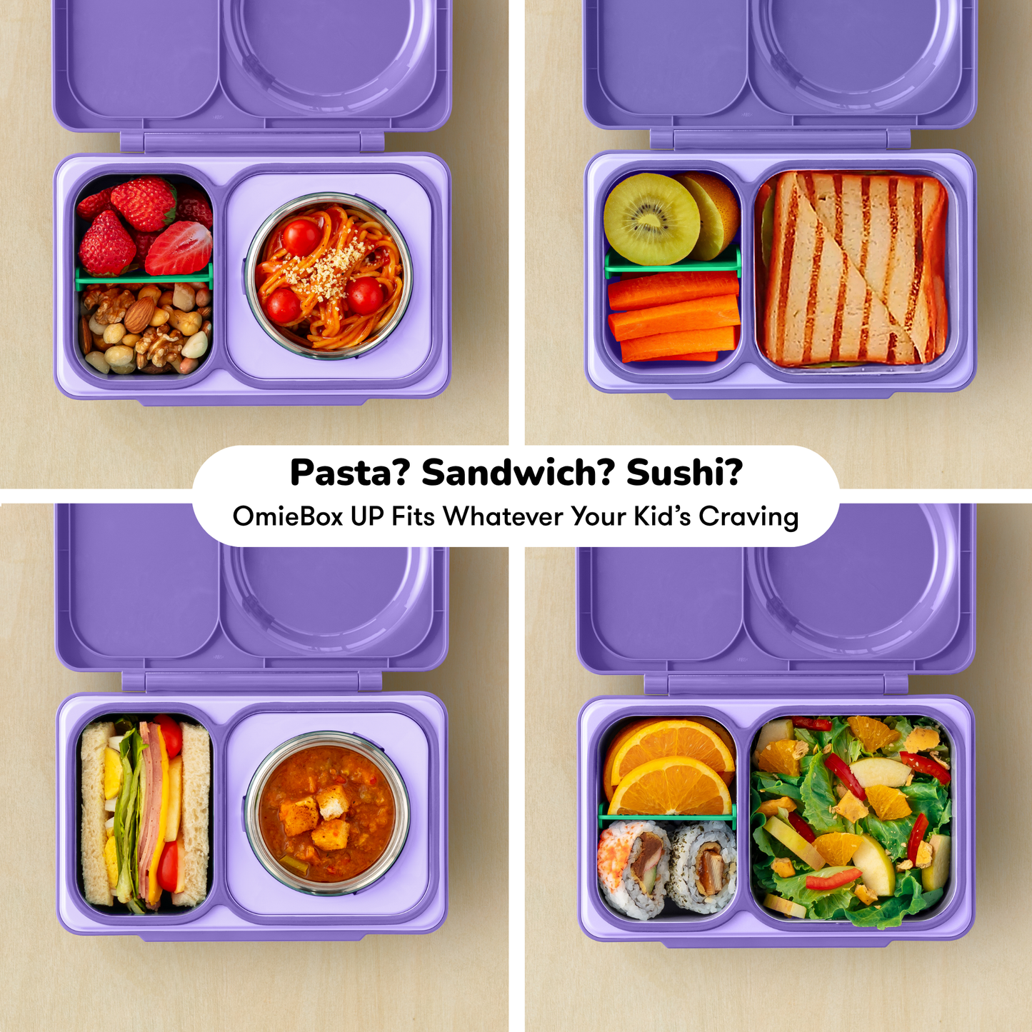 Purple OmieBox lunch box with various food compartments on a beige background