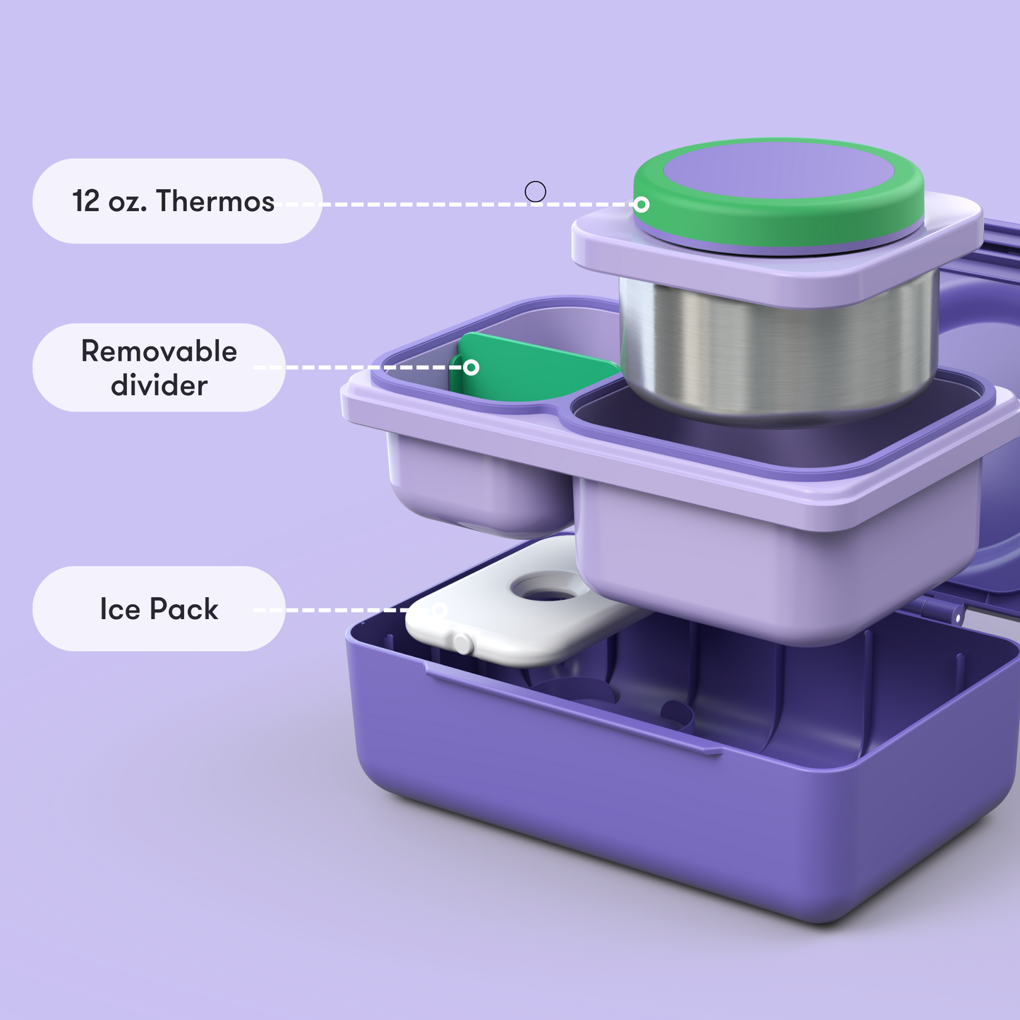 Purple thermos with removable divider and ice pack on a purple background