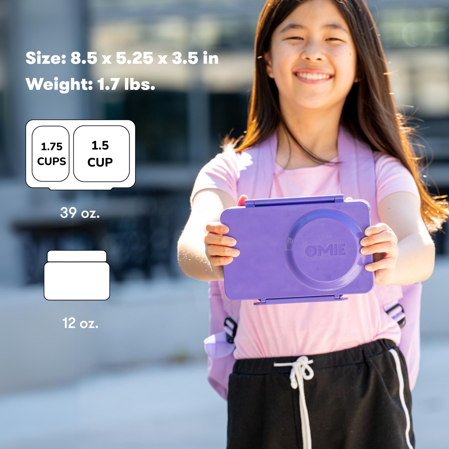 Child holding a purple container with product details displayed