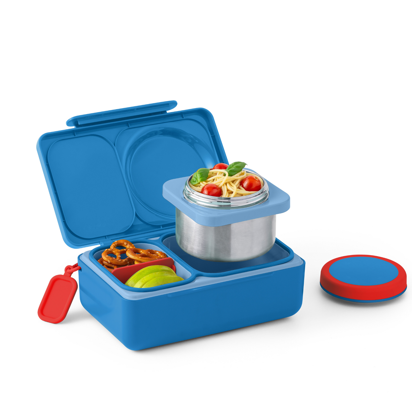 Blue bento box with compartments containing food on a white background